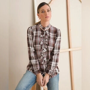 Chicos Chico’s Ruffle Button Front Blouse Sz L Brown Plaid Preppy Academia